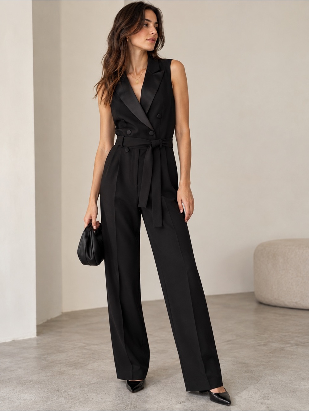 H&M Black Tuxedo Jumpsuit Women’s US 4 Belted Sleeveless